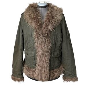 Vintage Y2K Faux fur trimmed khaki military style jacket 1X